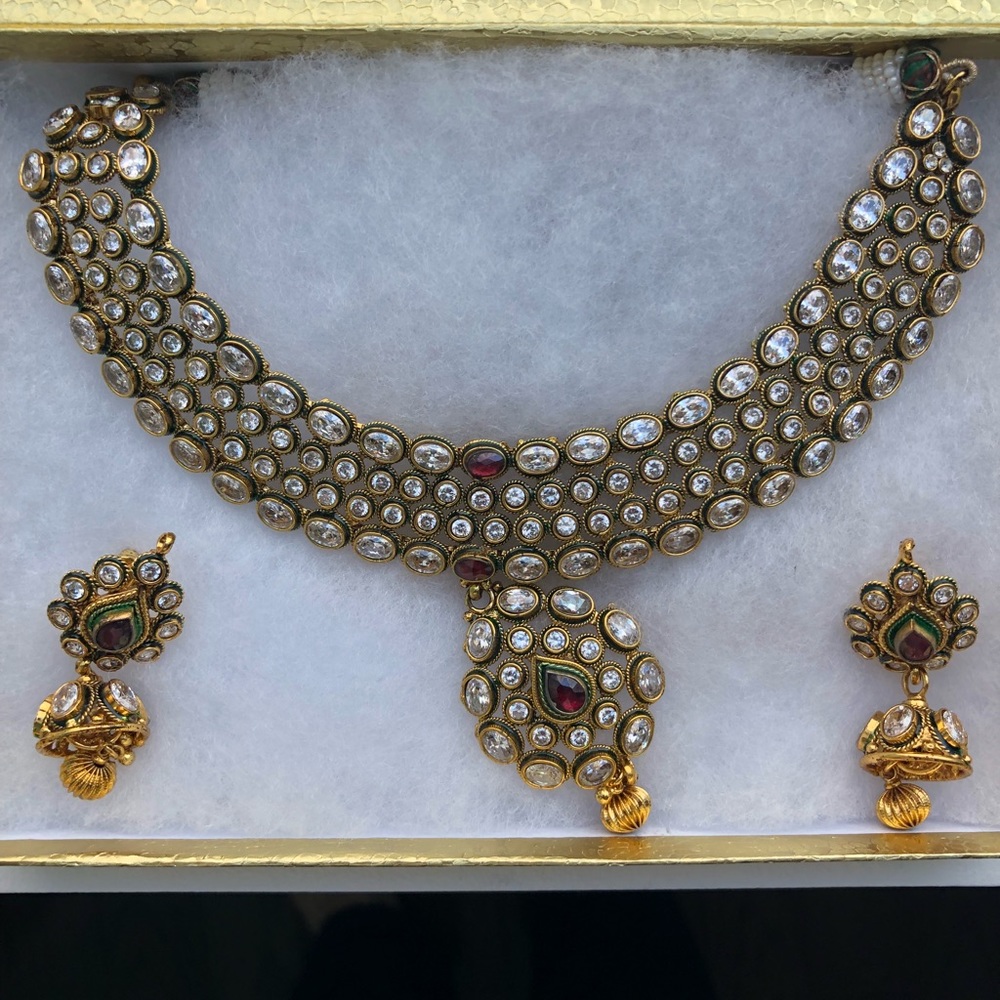 Gold White Stone Necklace and Earring Set